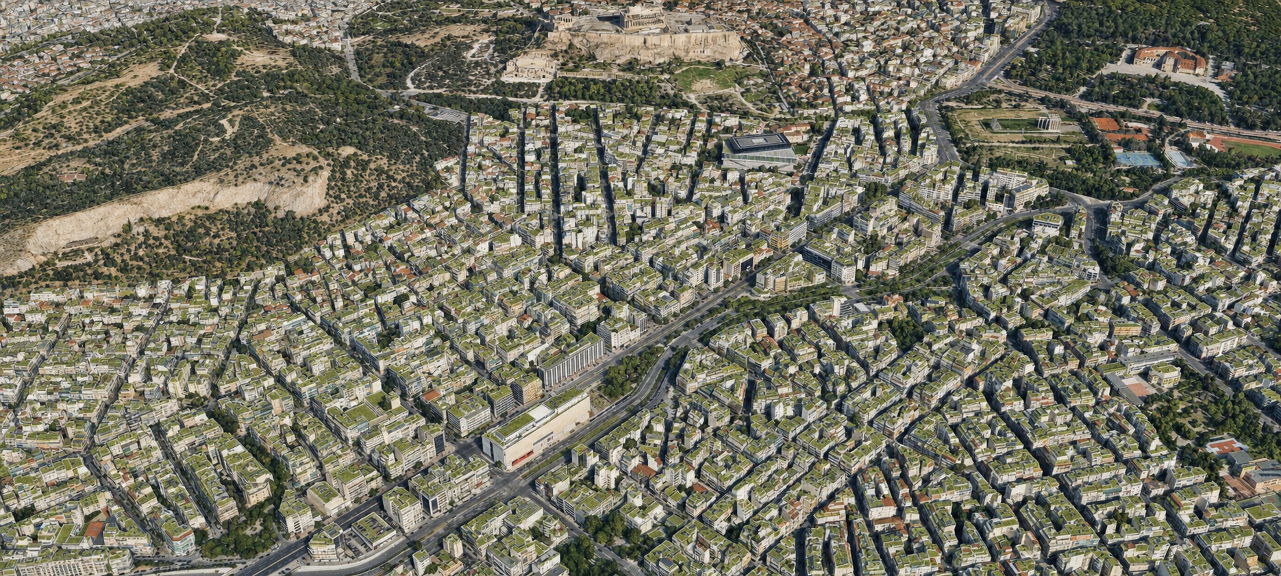 Aerial concept showing green roofs across central Athens