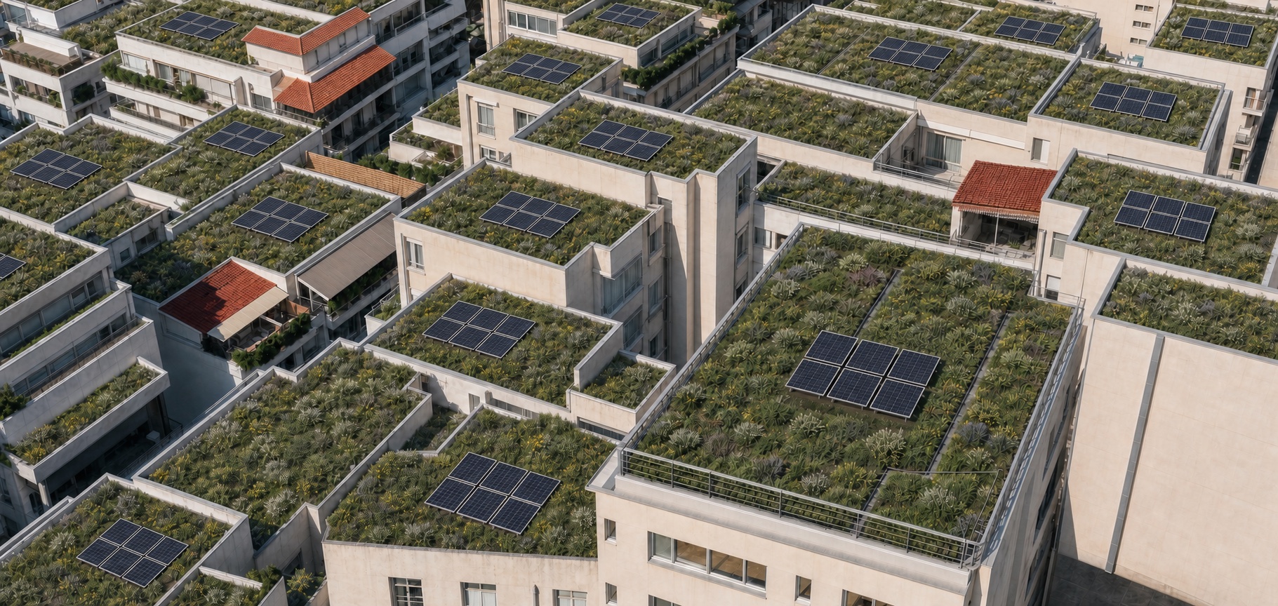 Photorealistic Athens neighborhood with lightweight planted rooftops and compact six-panel solar arrays